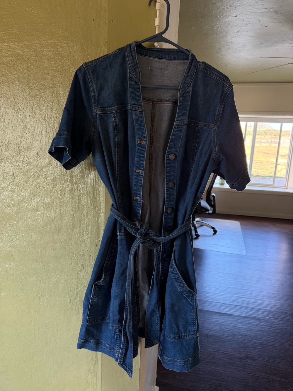 Dark Blue Denim Short-Sleeve Belted Jacket